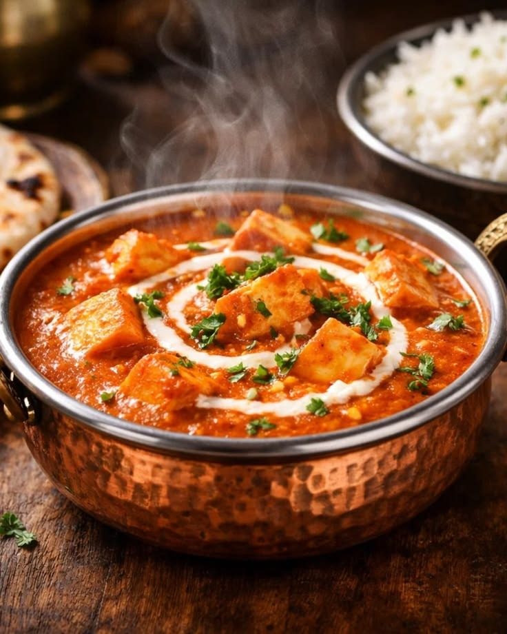 Paneer butter masala garnished with cream and herbs